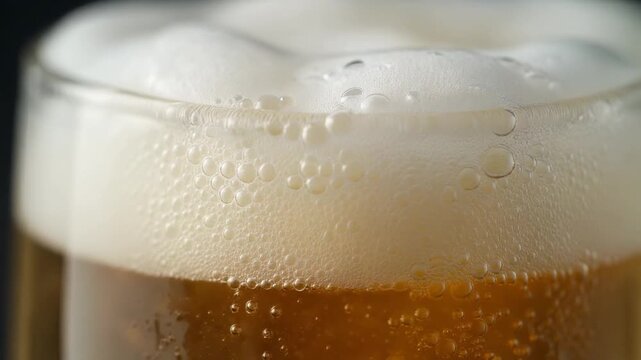 Extreme Close-Up of Refreshing Beer Foam Texture in Glass, Bubbles Rising in Cold Drink, Cinematic 1080p Macro Video