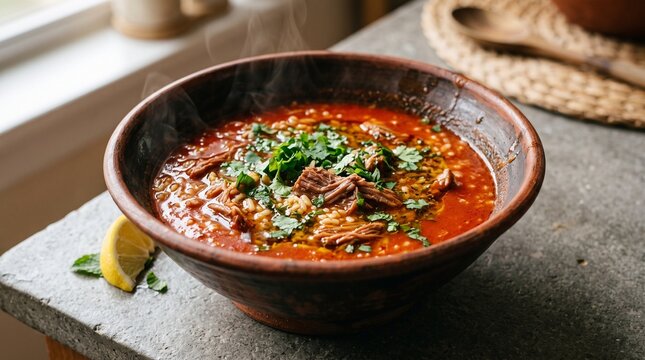 Classic Libyan Sharba Lamb Soup in Ceramic Bowl
