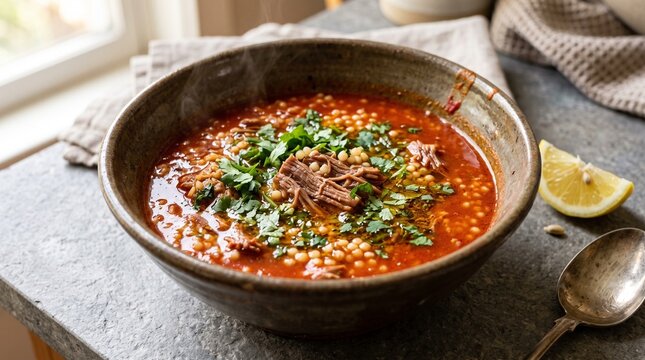 Classic Libyan Sharba Lamb Soup in Ceramic Bowl