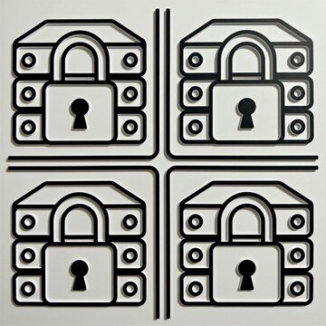 Digital security icons showing padlocks on stacked data servers. Graphic representation of information protection with network hardware locks. Computer system safety concept with database storage