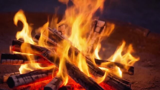 Close-up of Dancing Flames and Glowing Logs in a Desert Campfire, Atmospheric Full HD Nature Background