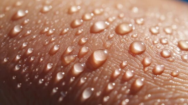 Extreme Macro Close-up of Glistening Water Droplets Adhering to Tanned Human Skin, Refreshing Summer Concept