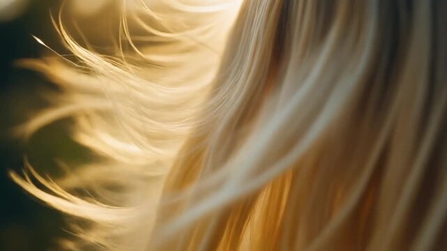 Cinematic Close-up of Long Golden Blonde Hair Strands Glistening in Warm Sunlight, Soft Motion Background