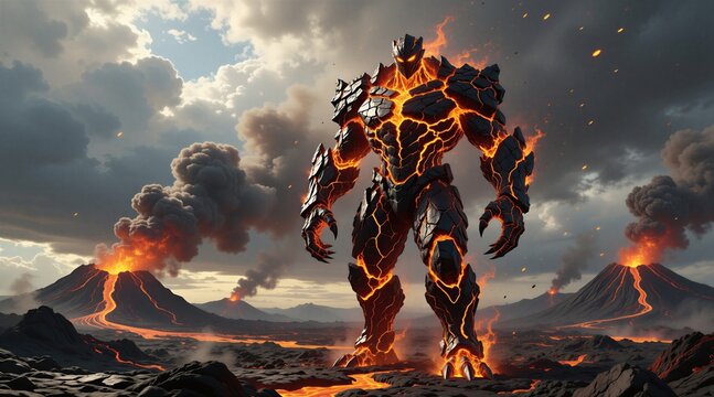 Giant monster made of black stone, glowing orange magma stands in volcanic field. Huge fiery creature walks through erupting mountains with smoke, ash. Powerful legendary titan of hot molten lava