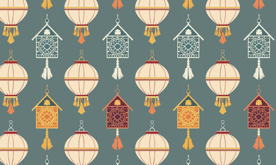Fototapeta premium Vintage Cuckoo Clocks and Paper Lanterns Seamless Vector Pattern on Dark Teal Background