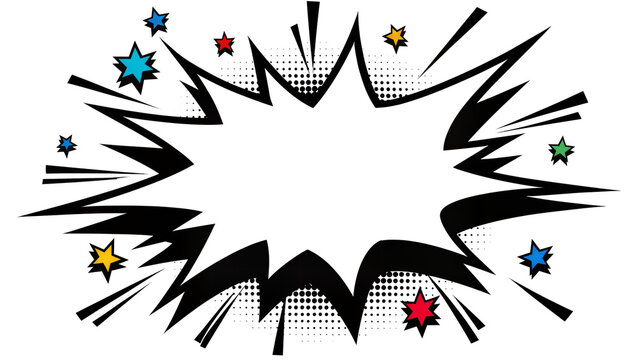 Isolated cartoon blast boom frame with halftone effects and scattered vivid star shapes.
