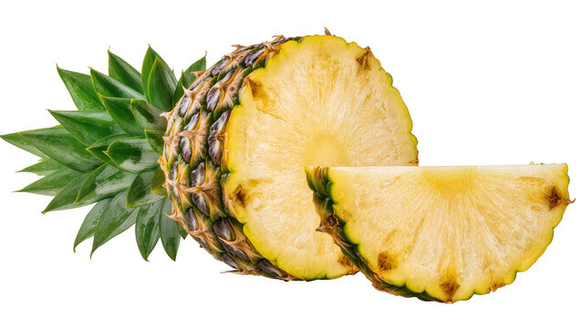 Isolated fresh ripe pineapple fruit sliced in half with a separate delicious edible wedge