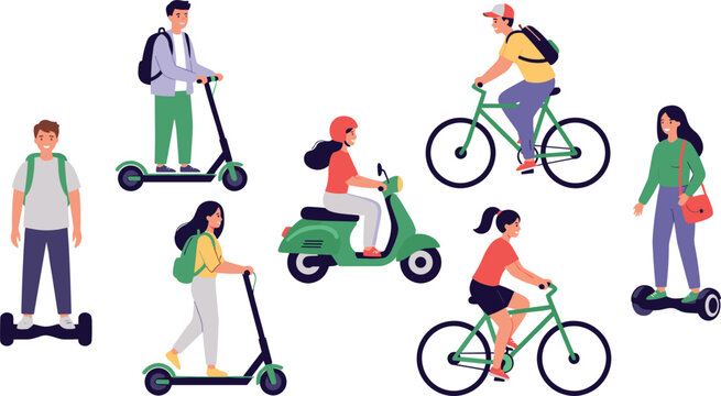 Diverse urban commuters character set riding electric scooters bicycles hoverboards and motor scooters vector flat cartoon illustration pack