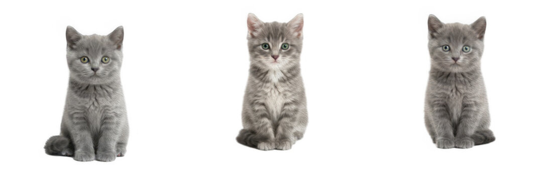 Cute little grey kittens sitting isolated on white background set of small fluffy cats domestic pets animal photography