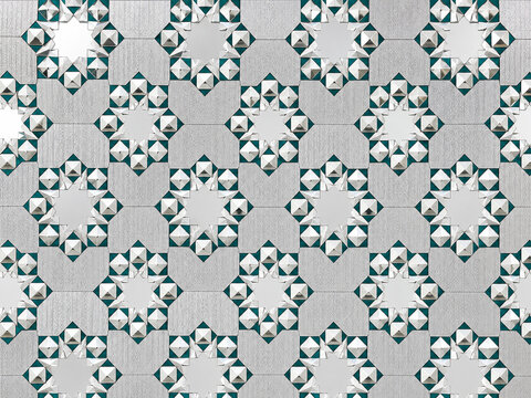 A seamless repeating geometric pattern featuring metallic silver three-dimensional star motifs with teal accents set against a textured grey tiled background.