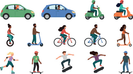 People Riding Different Modes of Transport Set with Car, Scooter, Bicycle, Skateboard and Unicycle Flat Vector Illustration © MdJamanur