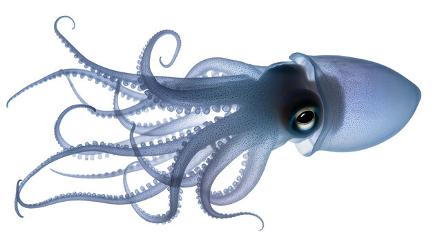 Isolated marine life illustration of a blue squid with its intricate swirling tentacles and suckers