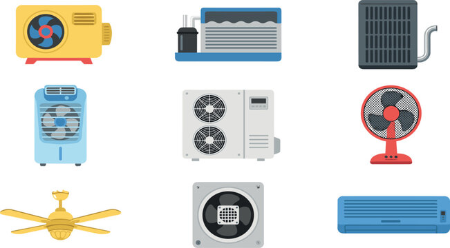 Air conditioning HVAC equipment and home ventilation systems flat icon collection set with split AC compressors evaporators and cooling fans