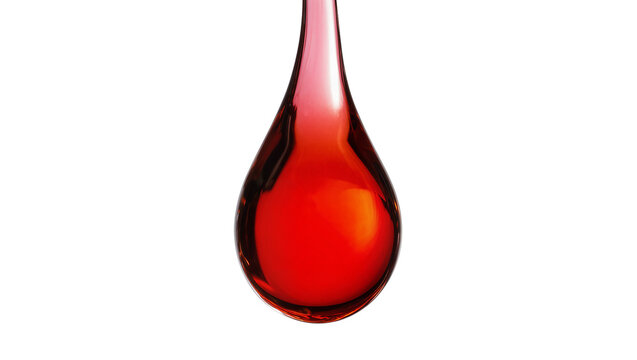 Isolated vibrant red liquid drop, perfectly round and shiny, with visible reflections and highlights