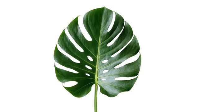 Isolated vibrant green tropical Monstera leaf with distinctive fenestrations and healthy texture