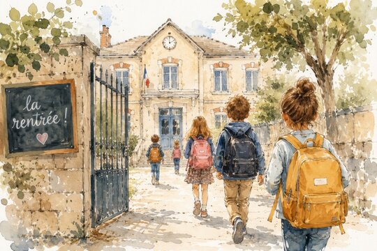 Watercolor illustration, French school entrance