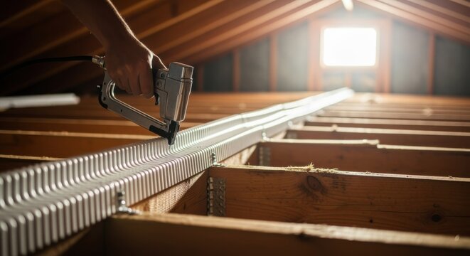 Attic ceiling framed with wooden rafters showing sequential stapling of vent baffles to promote air circulation under roofing materials.