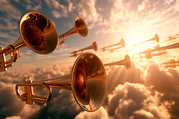 Obraz premium Trumpets of heaven sounding to herald the arrival of the King of Kings for judgment