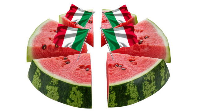 Isolated sweet juicy watermelon slices arranged in a circle, each with a waving Italian flag