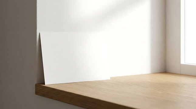 A 4x6 postcard mock-up leaning against a minimalist white wall on a wooden window sill with soft natural sunlight creating elegant shadows for branding