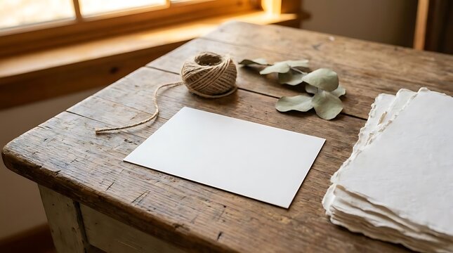 Blank 4x6 postcard mock-up featuring rustic wooden table backdrop with natural twine and eucalyptus leaves for stationery design presentation and branding