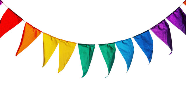 Isolated vibrant rainbow party flags or colorful festive bunting pennants for celebration.