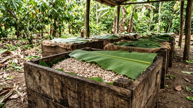 Cacao beans ferment naturally in rustic wooden boxes at a sustainable tropical farm. This vital first step in chocolate production enhances flavor and quality.