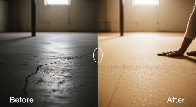 Comparison splitscreen footage showing before and after effects of installing cork floating floor in a basement highlighting aesthetic upgrade and comfort.