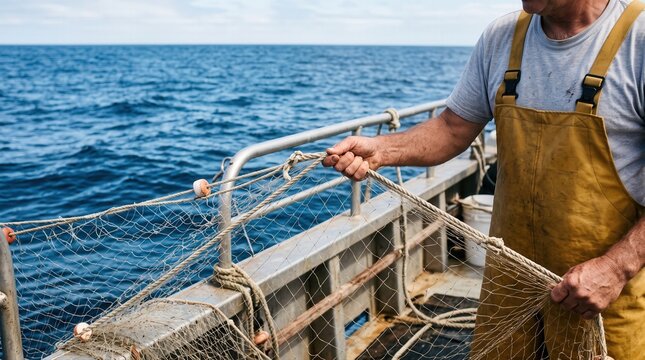 A commercial fisherman meticulously pulls a fishing net from the deep blue ocean. This image represents traditional marine industry work and sustainable fishing practices.