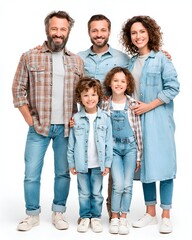 Fototapeta premium Happy family of five wearing casual denim clothes smiling at the camera on a white background