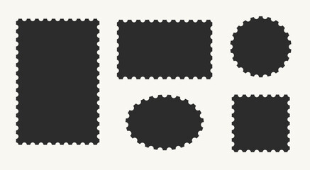 Collection Stamp frame post for a vintage postcard design with a postal theme and an old postage stamp. This vector illustration features a round border and a rectangle outline with a jagged edge. © Kristina.Co