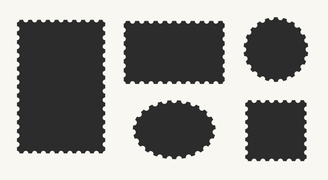 Collection Stamp frame post for a vintage postcard design with a postal theme and an old postage stamp. This vector illustration features a round border and a rectangle outline with a jagged edge.