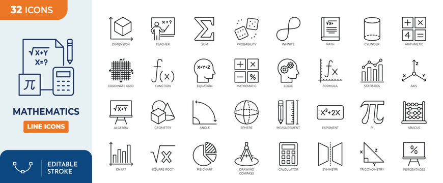 mathematics line editable icon set. Contain icons related to math, calculation, geometry,  statistics, and more. Vector illustration