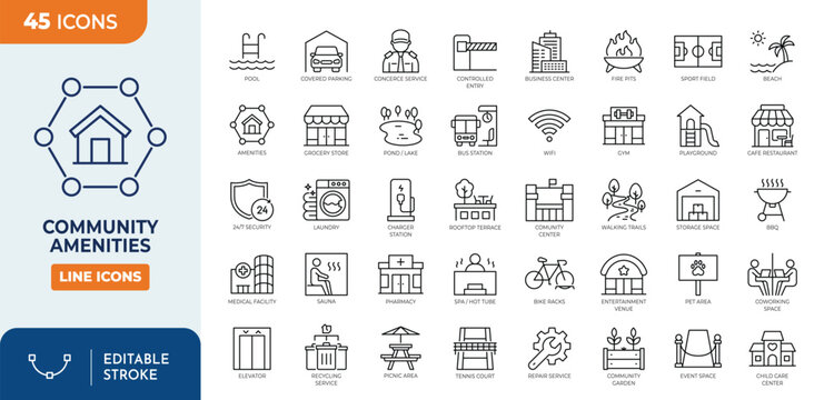 Commmunity Amenities line editable icon set. Vector illustration
