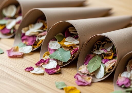 Dried flower petal confetti in paper cones for wedding celebration. Natural biodegradable material for throwing at ceremony. Rustic decor, romantic atmosphere and sustainable marriage.