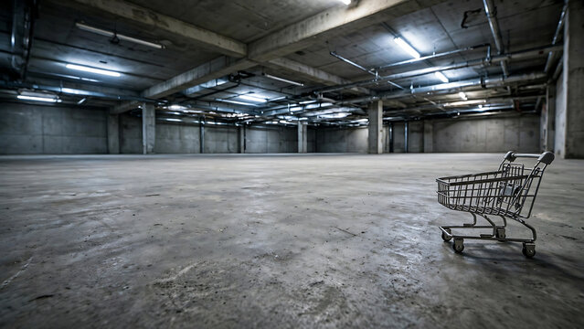 An abandoned empty shopping mall parking garage with a lone shopping cart in the foreground