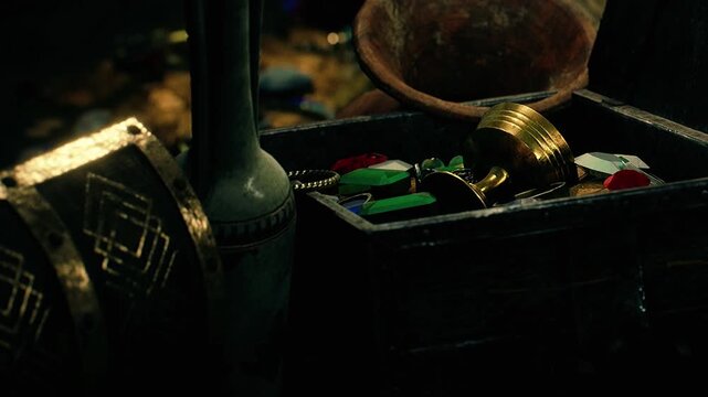 A treasure chest sits open revealing a collection of coins and colorful jewels. Various shapes and sizes of gems are scattered around, suggesting a recent exploration or discovery of riches.
