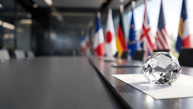 Crystal Ball Symbolizing Global Foresight and International Diplomacy in a Modern Corporate Meeting Room with National Flags