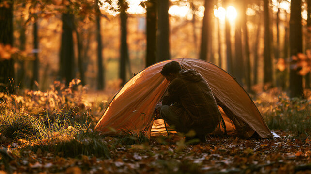 Man camping in tent during autumn sunset. Hiker resting in forest with orange golden trees. Outdoor adventure, travel lifestyle and cozy woodland vacation during fall season.