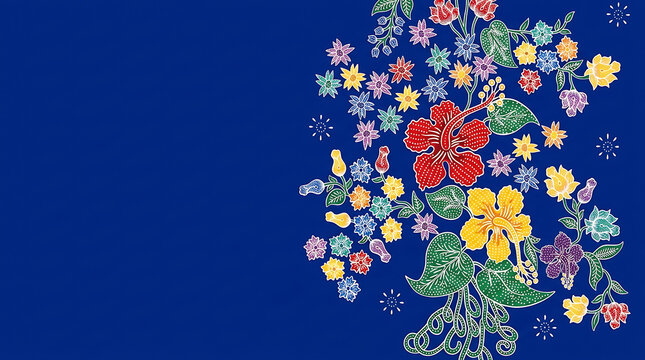 Traditional Batik Pattern featuring Hibiscus Flower on a Blue Background Floral Background for Independence Day Celebrations and Cultural Designs