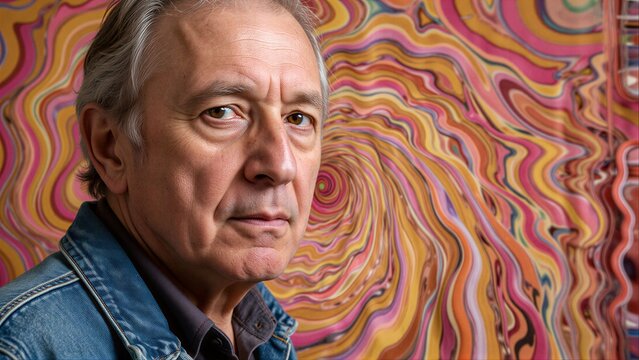 Man in denim jacket gazes calmly before swirling psychedelic, colorful background.