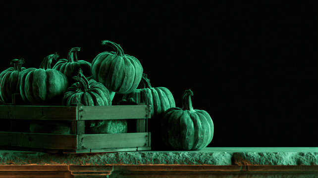 Green pumpkins in wooden crate on stone surface. Autumn harvest concept for Thanksgiving holiday. Rustic vegetable still life with dramatic lighting and dark background for seasonal decor.