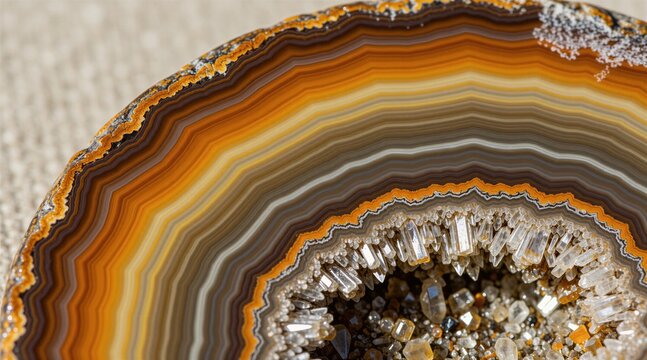 Macro shot of polished orange, brown agate slice with crystalline center. Natural banded mineral stone with shiny crystal druzy texture. Abstract earth geology pattern on light fabric surface.
