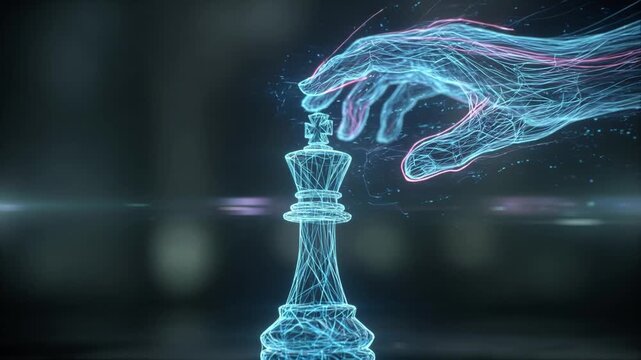 Digital Artificial Intelligence Conceptual Visualization of a Holographic Human Hand Controlling a Glowing Wireframe Chess King Piece