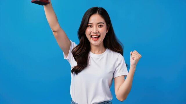 Excited Young Woman Celebrating a Victory: A young Asian woman in a white t-shirt expresses pure joy and excitement, pumping her fist in the air and smiling brightly against a vibrant blue background.