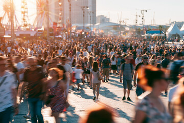 Obraz premium Crowd streaming across a busy summer festival square