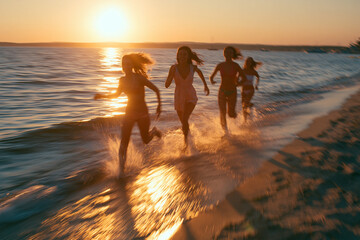 Fototapeta premium Friends running along the beach at the water's edge in summer