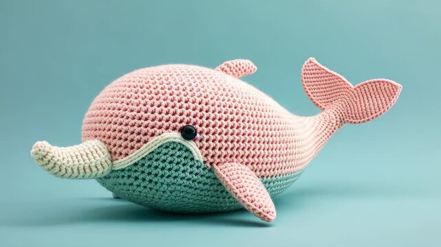 Crochet Whale Toy: A charming crocheted whale toy, with its pink and teal body and button eyes, rests against a serene teal backdrop, evoking a sense of whimsical delight.