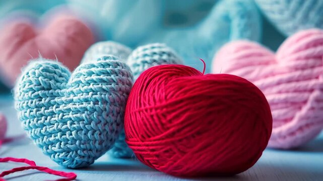 Handmade Hearts: A close-up shot showcases a ball of red yarn beside several intricately crocheted heart-shaped ornaments in shades of pink and blue, evoking warmth and affection.