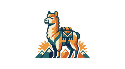 Fototapeta premium Stylized llama carrying pack on mountain background